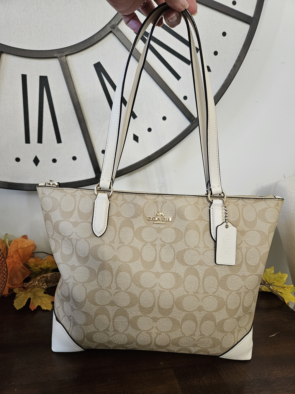 Coach Beige Signature Canvas Tote with White Trim